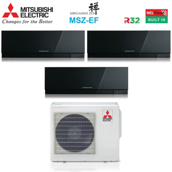 Mitsubishi Electric Trial Split Inverter Air Conditioner KIRIGAMINE ZEN BLACK series MSZ-EF 9+12+12 with MXZ-3F54VF R-32 Integrated Wi-Fi Black Color 9000+12000+12000
