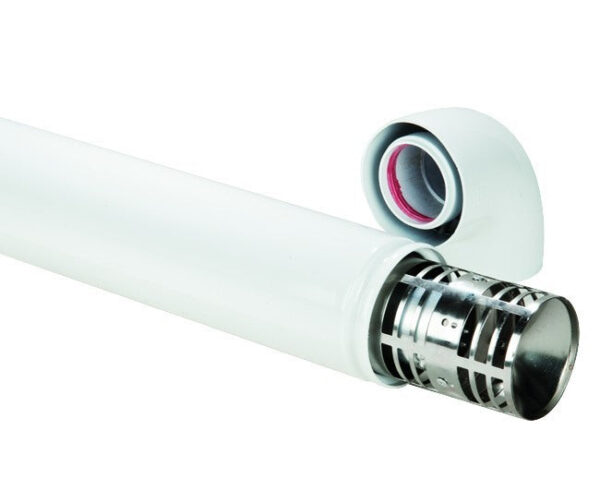 Hydros rookgasafvoerset met slang en 90° coaxiale bocht, horizontale set met winddichte aansluiting en luchtklem, model 60/100, code Kit4-P