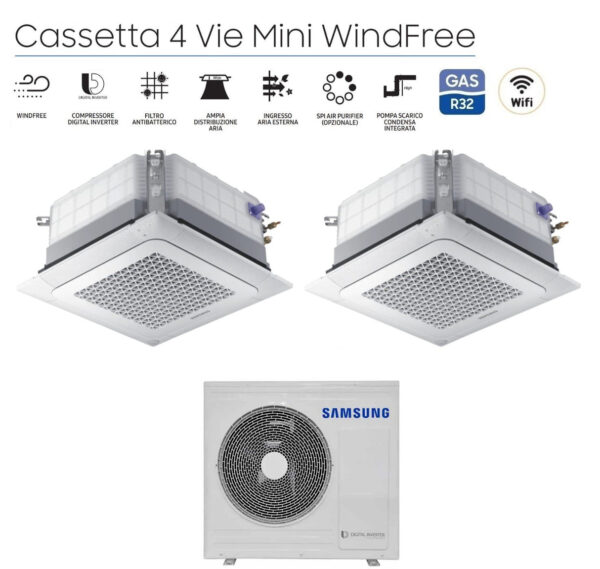 Samsung Dual Split Inverter Airconditioner Cassette 4-weg Mini Windfree 12+12 met AJ068TXJ3KG/EU R-32 12000+12000 Wi-Fi Optioneel met rooster inbegrepen