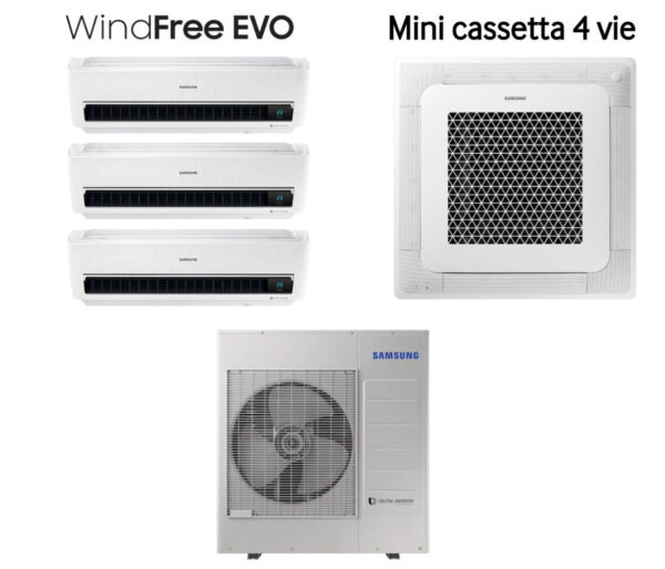 Airconditioner Samsung Quaders Split Inverter Serie WINDFREE EVO 7000+7000+7000 + Mini 4 Vie Windfree 12000 Cassette met AJ100RCJ R-32 Wi-Fi Geïntegreerd met Paneel en Telecommunicatie Inclusief 7+7+7+12