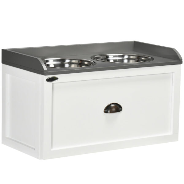 EASYCOMFORT Verhoogde Hondenvoerbak van Roestvrij Staal en Hout met Lade, 60x30x36cm, Wit en Grijs