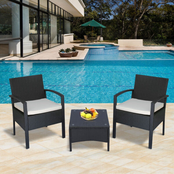 EASYCOMFORT Tuinmeubelset 2 fauteuils en salontafel met PE-rotan kussens, zwart
