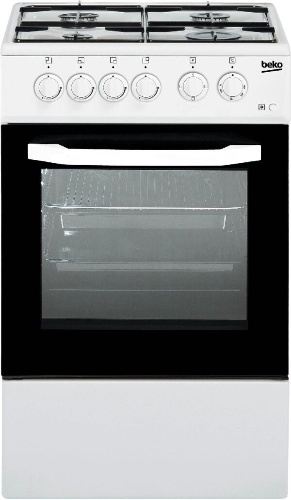 Beko gasfornuis 4 branders en elektrische oven 54 liter CSS42014FW (L50xP50) met witte deksel