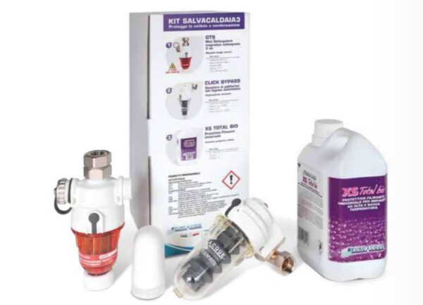 3 Euroacque boiler saver kit Gts magnetisch vuilafscheiderfilter + Click Bypass polyfosfaat dispenser + Universele filmvormer XS TOTAAL BIO